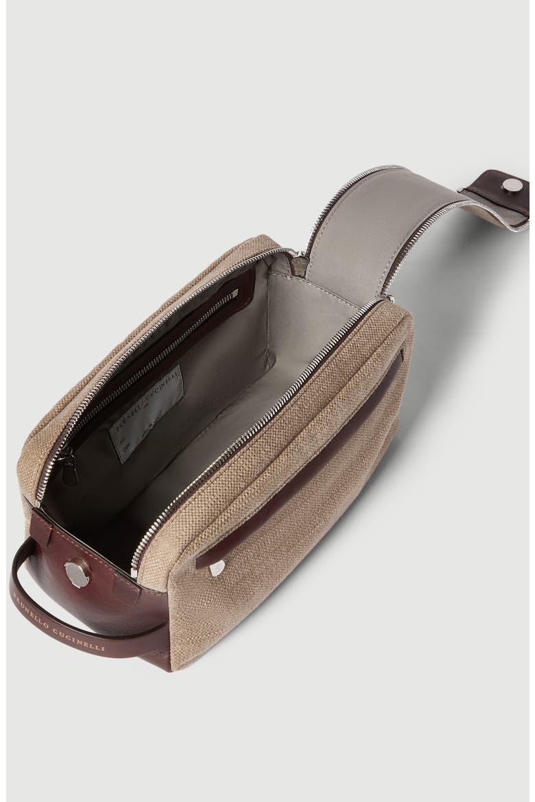 Water-resistant canvas and burnished calfskin beauty case with double zipper, Alternate, color, Leather