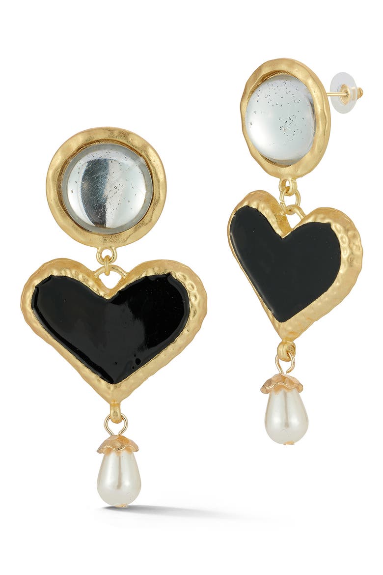 Enamel Heart & Faux Pearl Drop Earrings, Main, color, GOLD