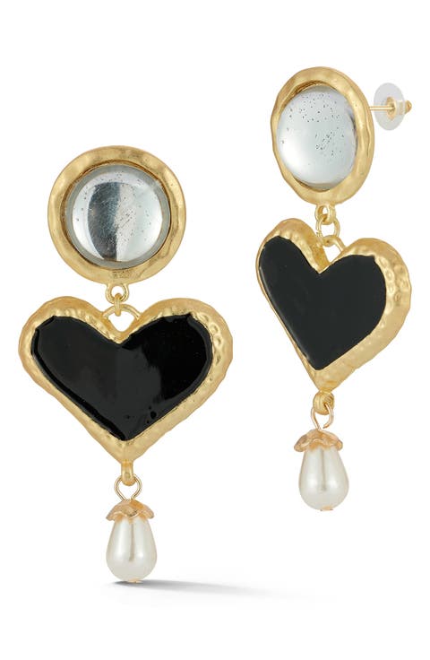 Enamel Heart & Faux Pearl Drop Earrings