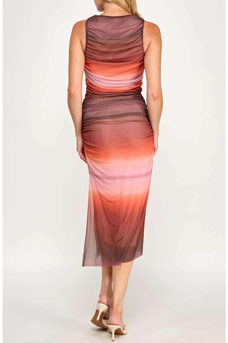 Ruched Mesh Midi Dress, Alternate, color, PNK BRWN OMBRE