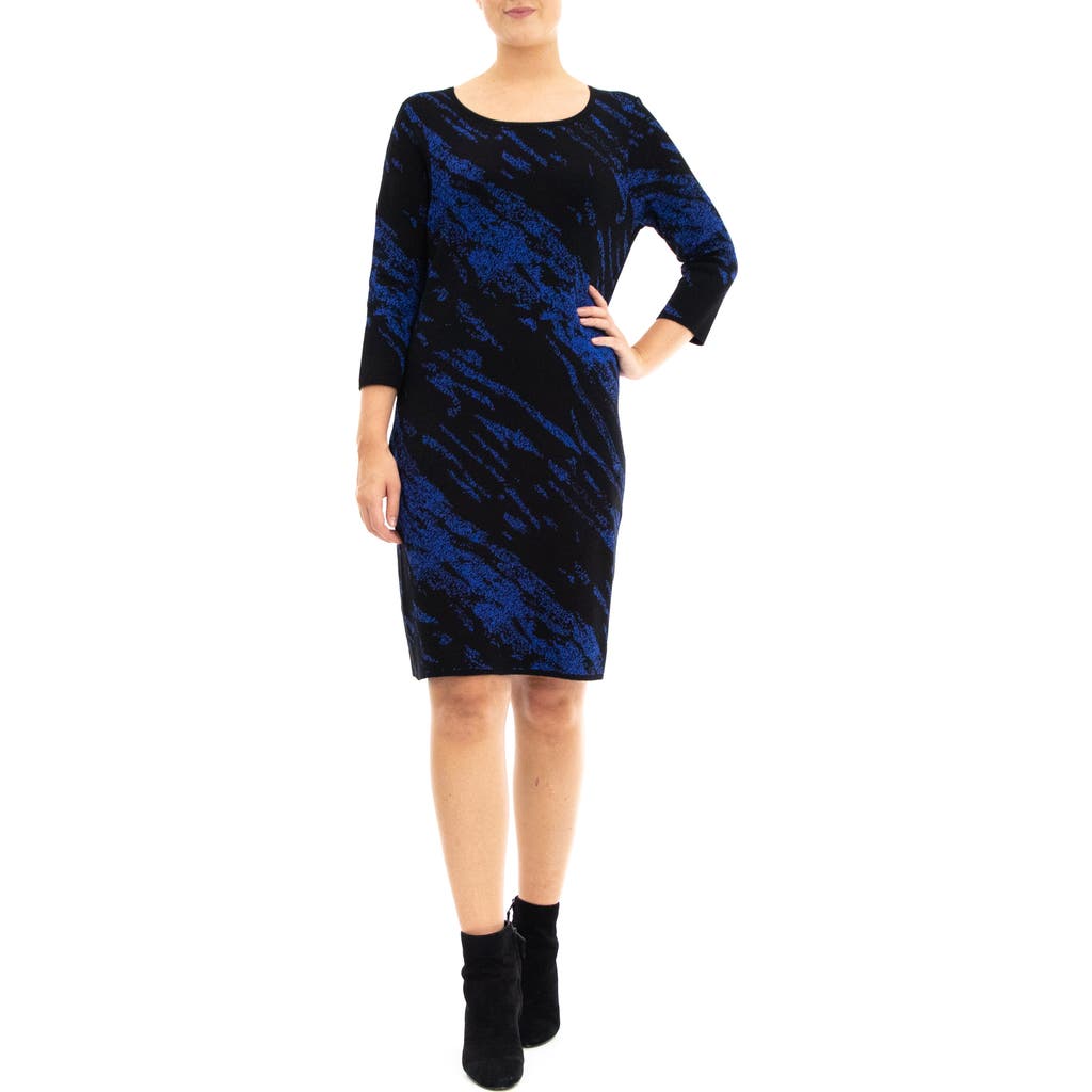 Nina Leonard Marbled Scoop Neck Dress In Blue