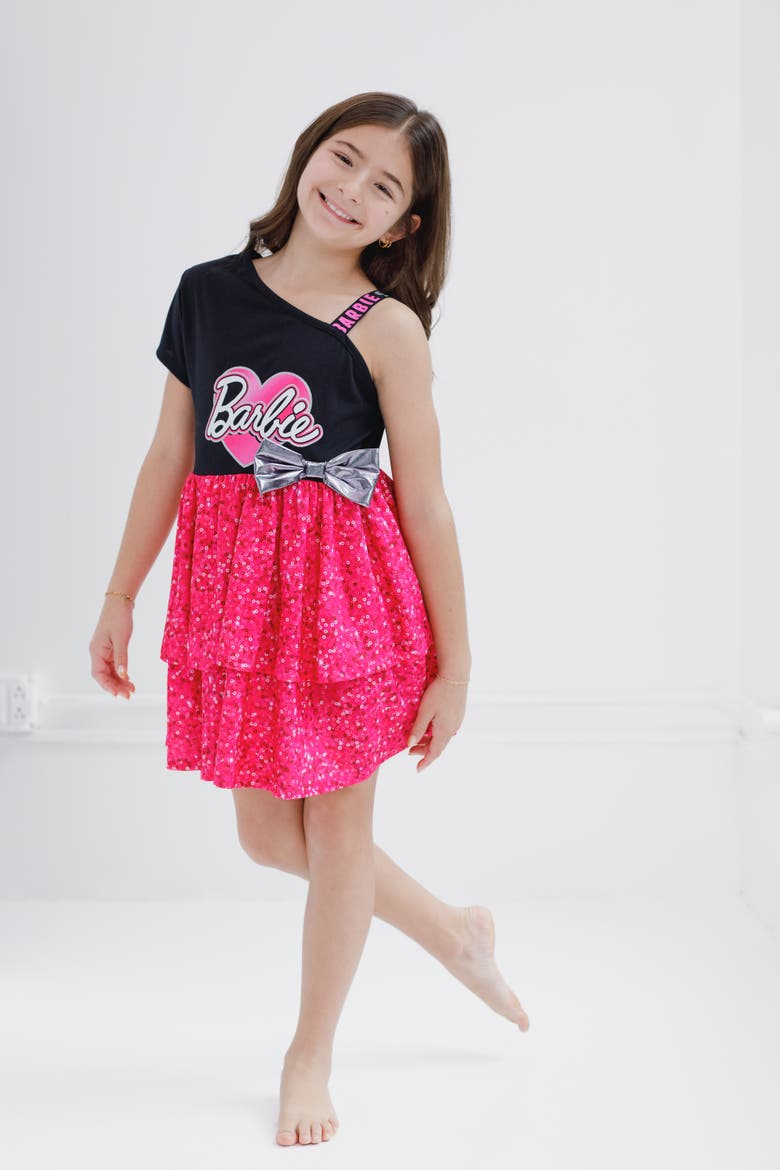 Glitter Flare Dress, Alternate, color, Black Pink Barbie