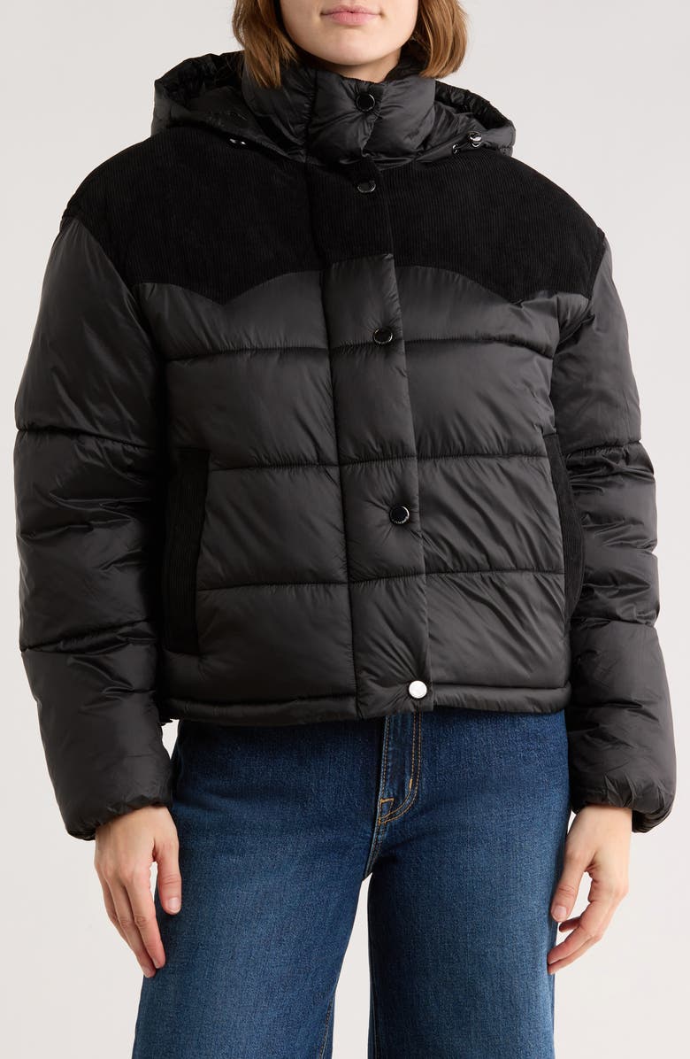Lucky Brand Corduroy Trim Hooded Crop Puffer Jacket, Main, color, Black