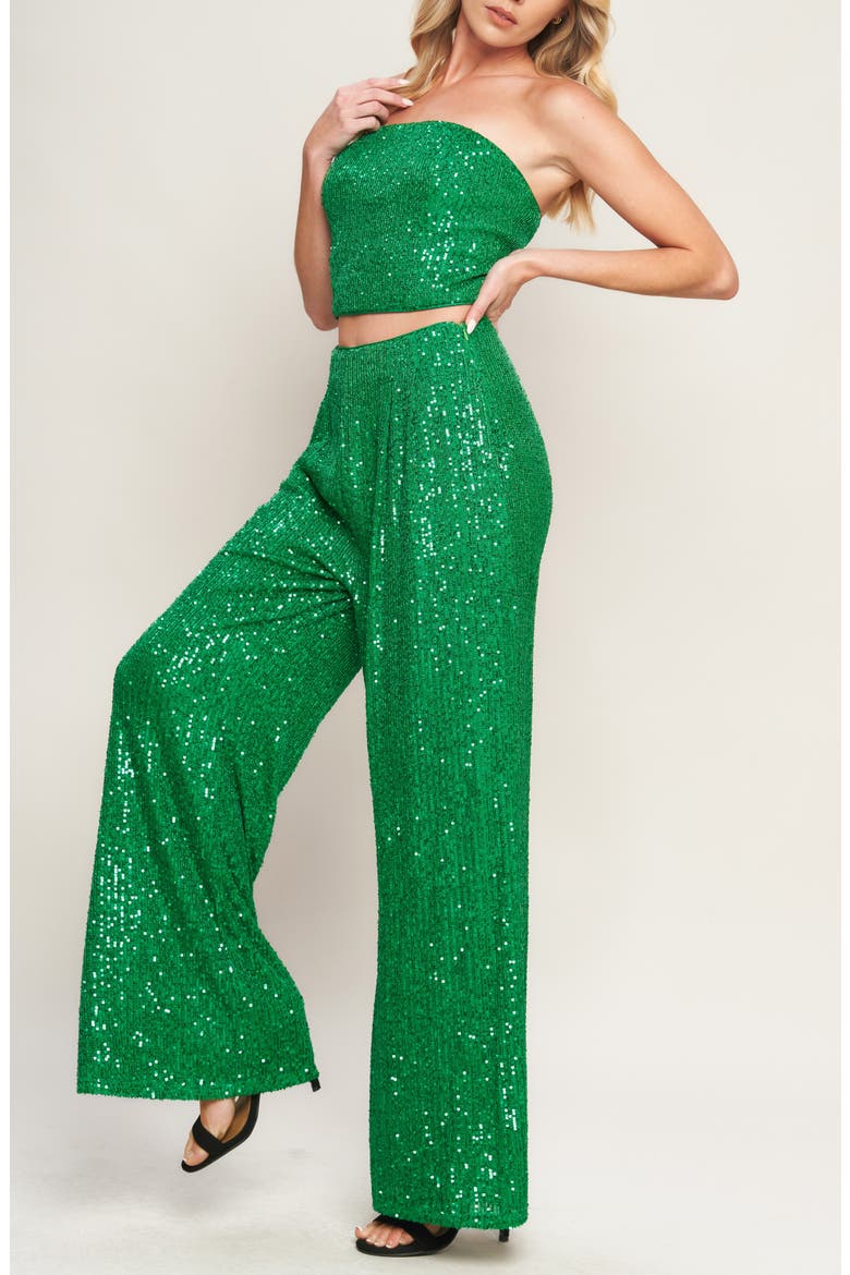 Sequin Tube Top & Wide Leg Pants Set, Alternate, color, GREEN