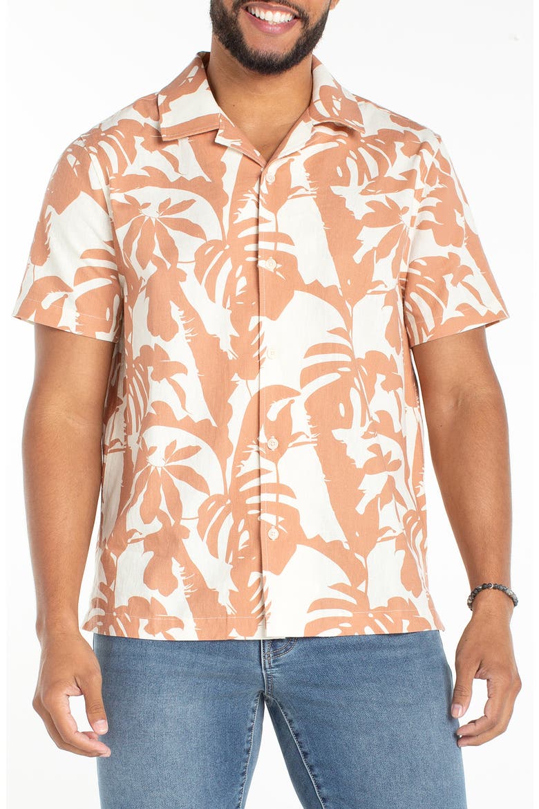 Tropical Print Cotton & Linen Camp Shirt, Main, color, CLAY MULTI