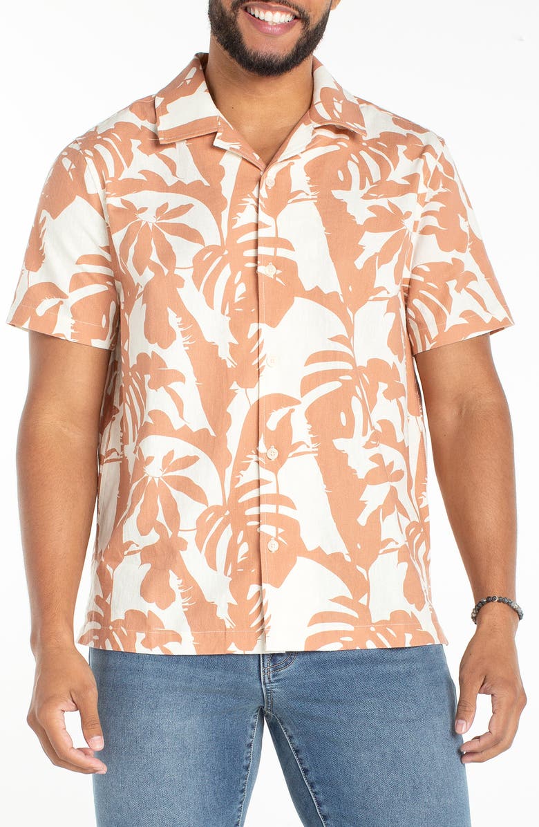 Liverpool Los Angeles Tropical Print Cotton & Linen Camp Shirt, Main, color, Clay Multi
