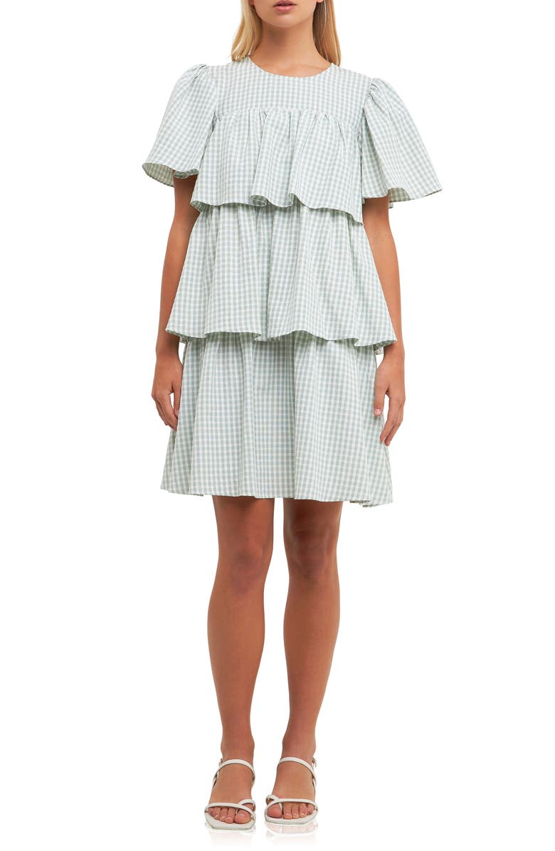 English Factory Gingham Print Tiered Dress, Main, color, Green/ White