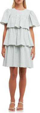 English Factory Gingham Print Tiered Dress