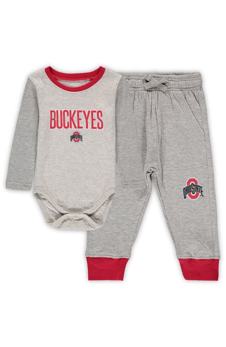 Wes & Willy Infant Wes & Willy Heathered Gray/Scarlet Ohio State Buckeyes Jie Jie Long Sleeve Bodysuit & Pants Set, Main, color, Heather Gray