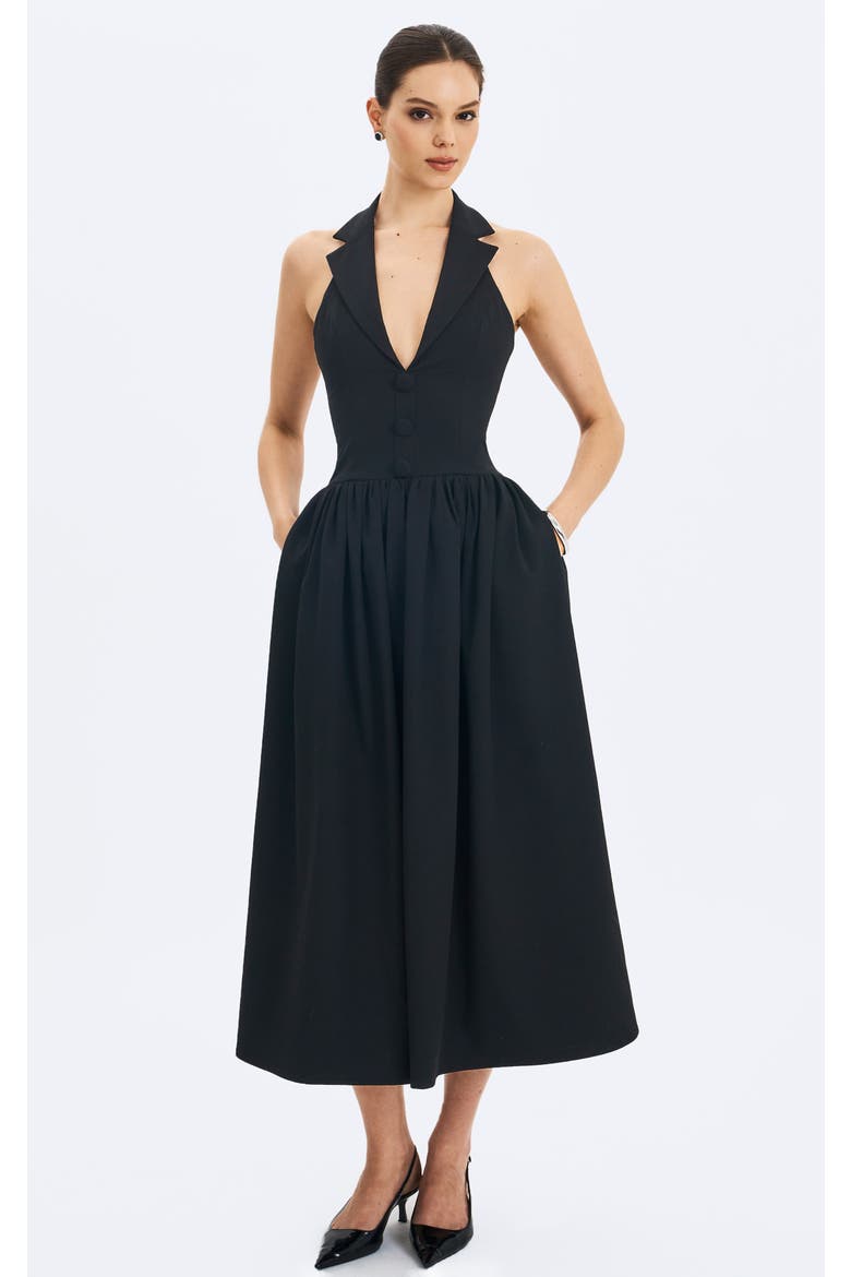 Delaney Lapel Halter Midi A-Line Dress, Alternate, color, Black