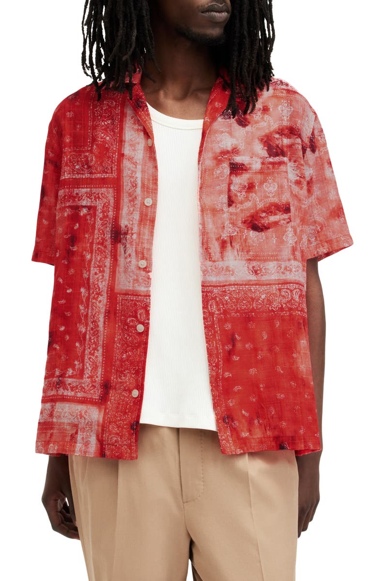 AllSaints Tijuana Bandana Print Short Sleeve Cotton Button-Up Shirt, Main, color, Apple Red