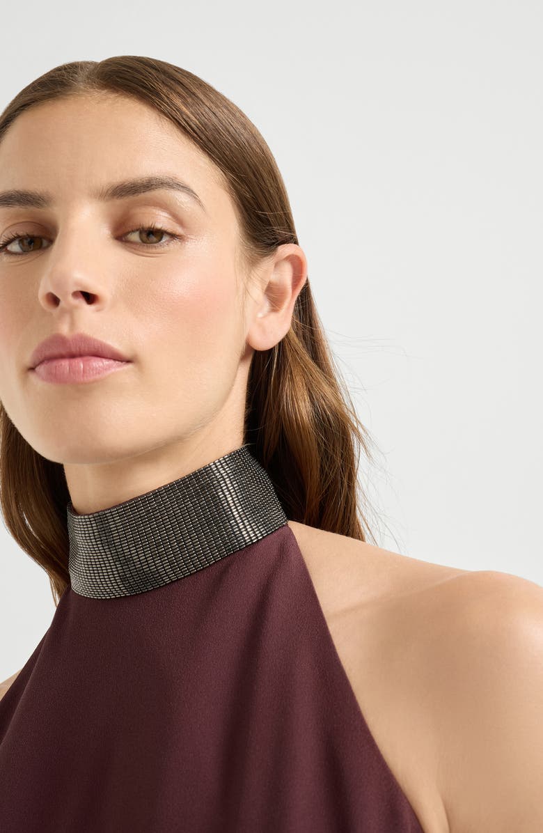 Brunello Cucinelli Halterneck dress with beaded collar, Alternate, color, Burgundy