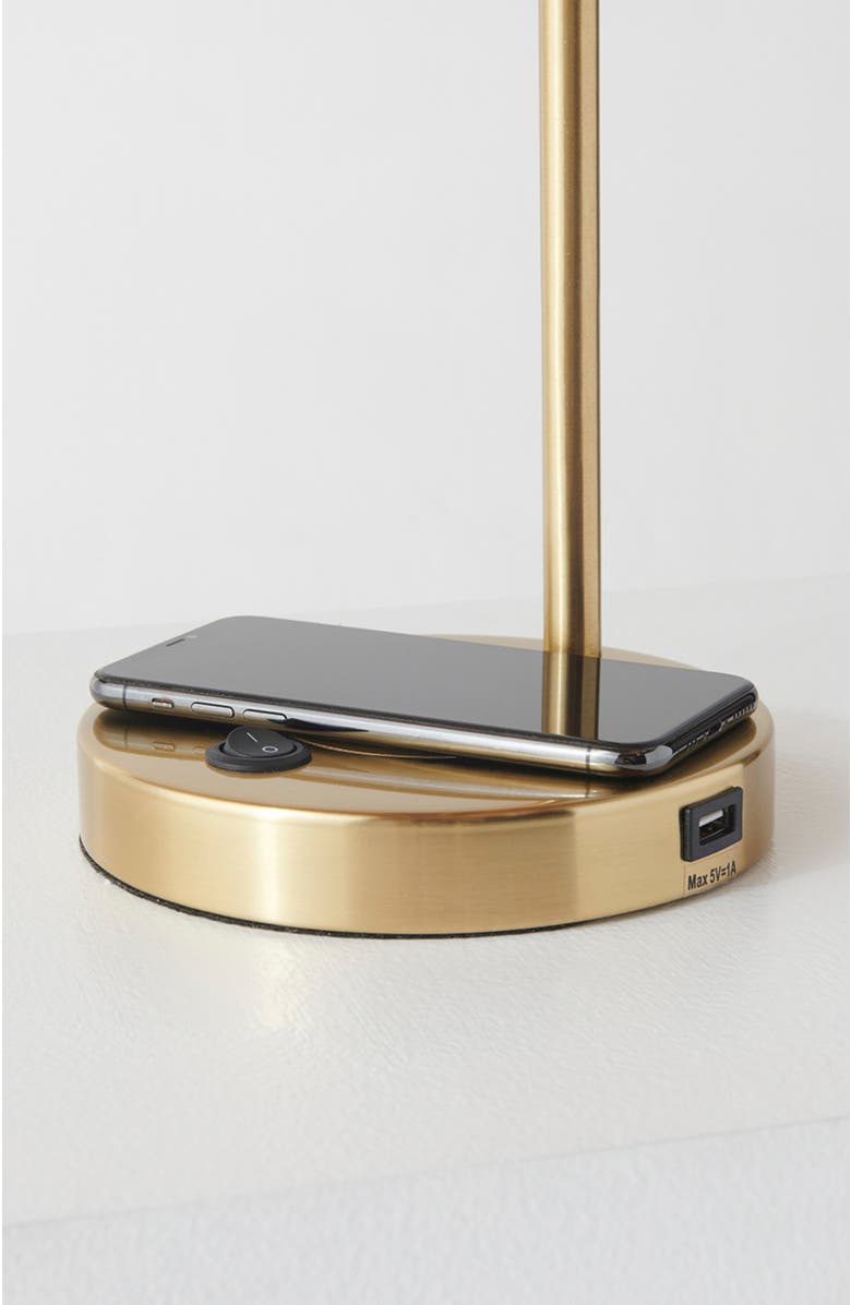 Brightech Elizabeth 5.5" Glass Shade LED Table Lamp with USB and Wireless Charging Pad, Bulb Included, Alternate, color, Polished Brass