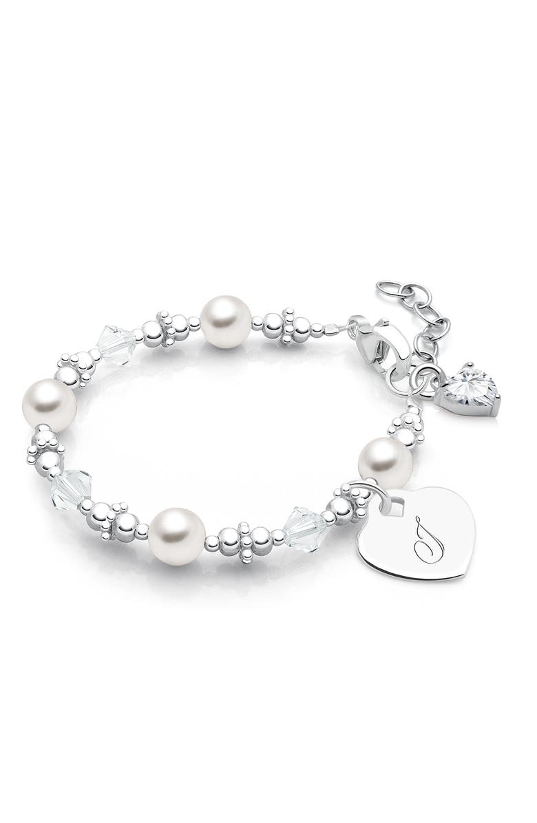 Tiny Blessings Sterling Silver Crystals & Pearls & Engraved Initial 5.25" Bracelet, Main, color, Silver - J