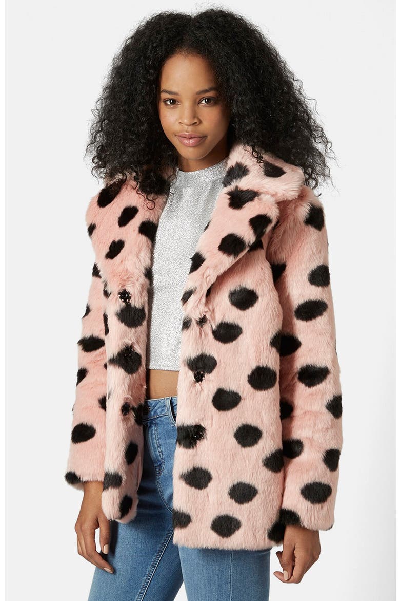Polka Dot Faux Fur Coat, Main, color, PINK MULTI