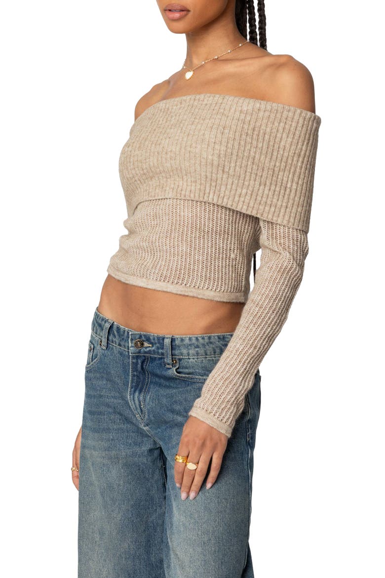 Lili Rib Off the Shoulder Crop Sweater, Alternate, color, BEIGE