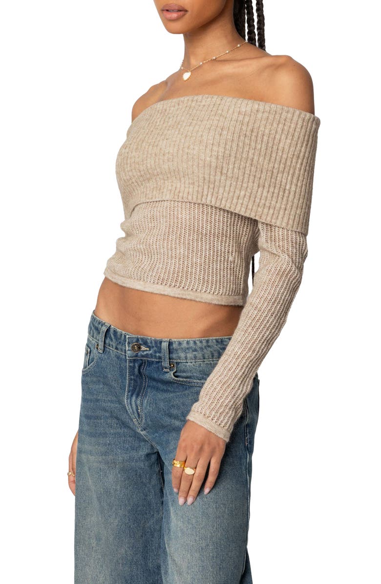 EDIKTED Lili Rib Off the Shoulder Crop Sweater, Alternate, color, Beige