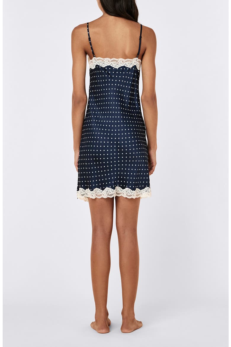 Annabelle Lace Trim Satin Chemise, Alternate, color, DEEP NAVY/ MINI CREAM SPOT