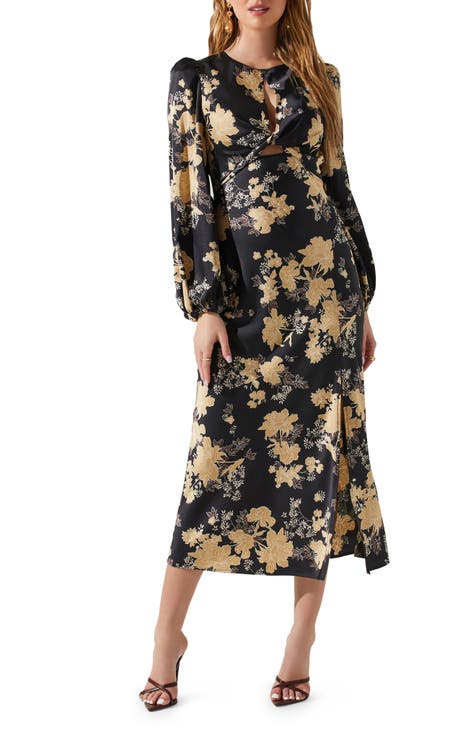 Suzy Floral Cutout Long Sleeve Satin Midi Dress