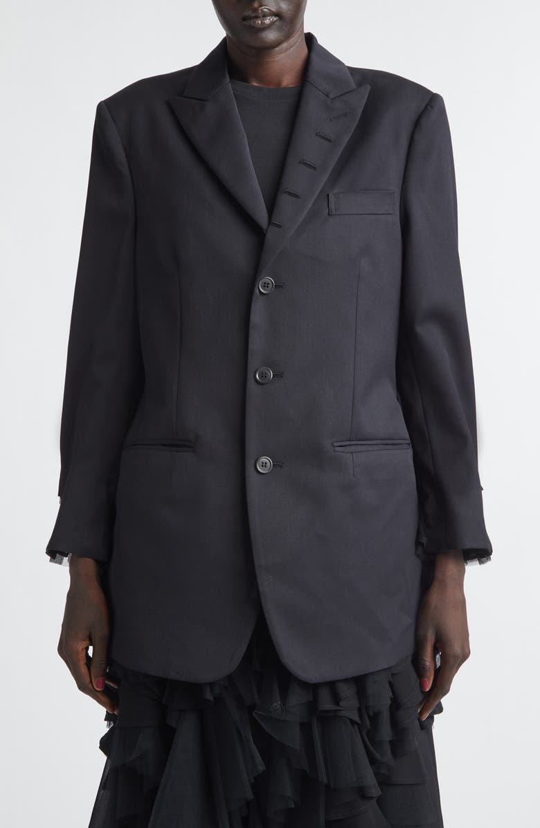 Noir Kei Ninomiya Single Breasted Wool Gabardine Blazer with Tulle Ruffles, Main, color, Black X Black