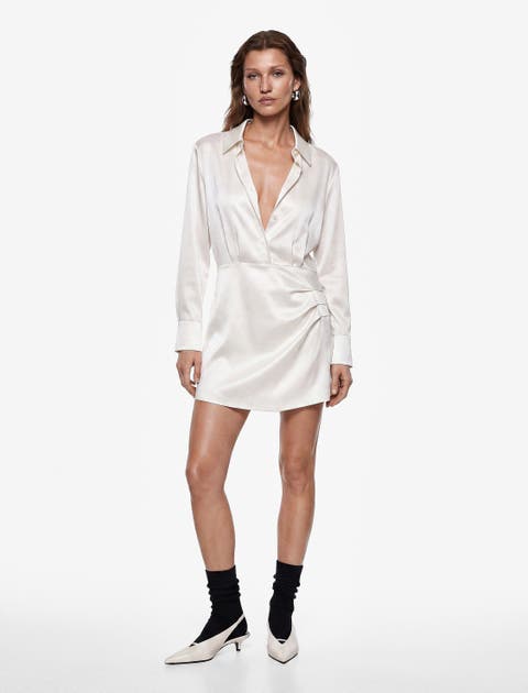 Long Sleeve Pleated Mini Satin Shirt Dress