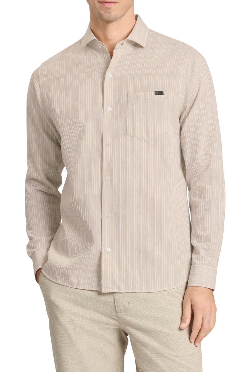 Ted Baker Stripe Long Sleeve Button-Up Shirt, Main, color, Oxford Tan