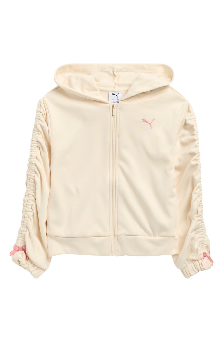PUMA Kids' Bow Society Ruched Sleeve Zip-Up Hoodie, Main, color, Tan Combo