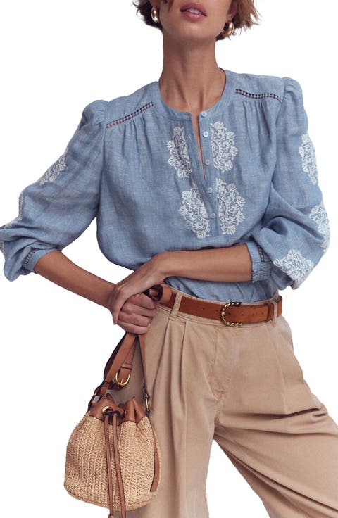 Interest Embroidered Trim Chambray Top