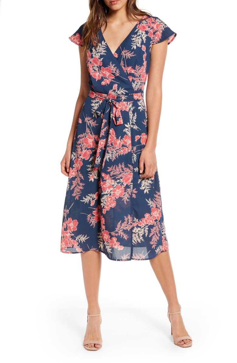 Row A Floral Surplice Midi Dress, Main, color, 