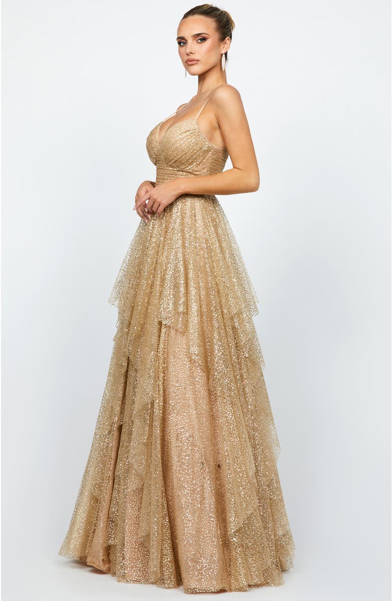 Bariano Brylee Glitter Ball Gown, Alternate, color, Gold