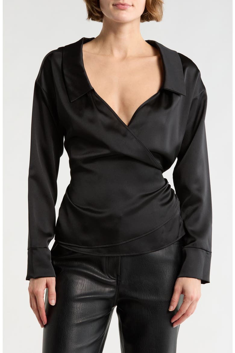 Faux Wrap Satin Top, Main, color, BLACK