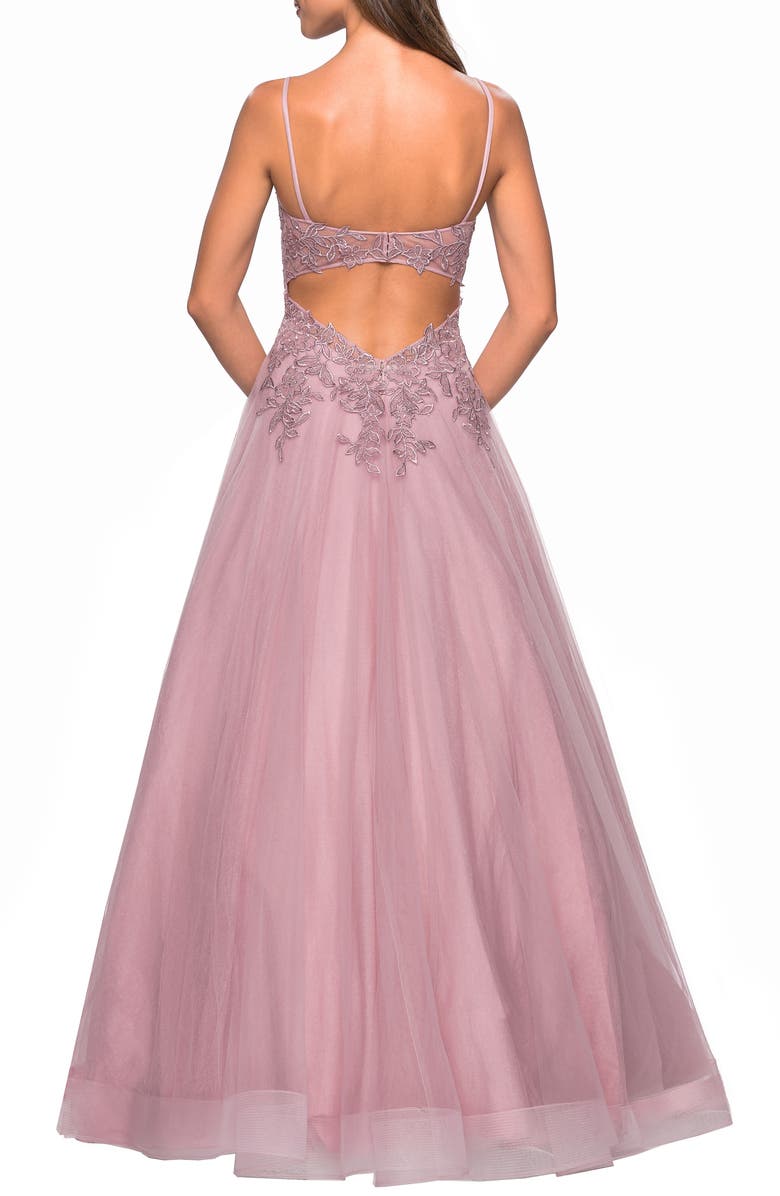 La Femme Lace & Tulle Flared Evening Gown, Alternate, color,