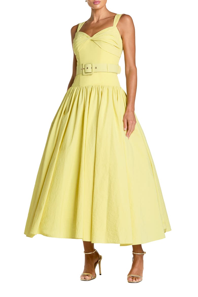 Sleeveless Faille A-Line Midi Dress With Belt, Main, color, Buttercup