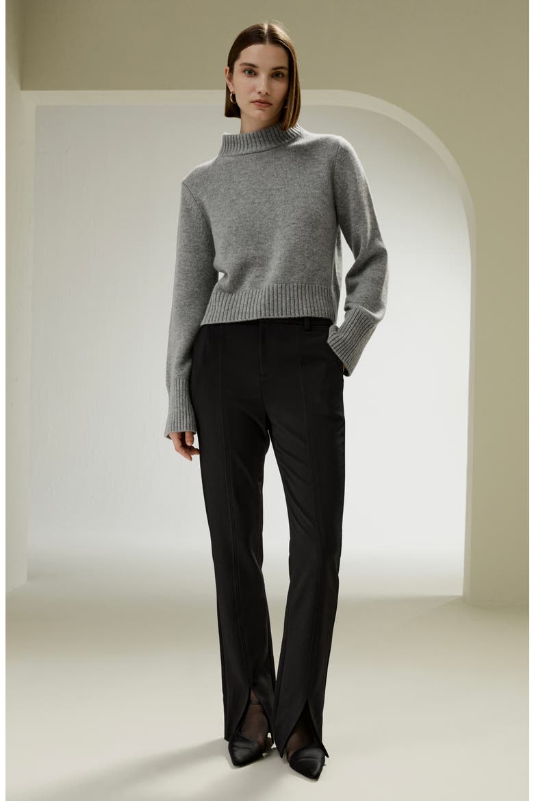 Women's Ribbed Collar and Hemline Wool Cashmere Sweater, Alternate, color, Grey