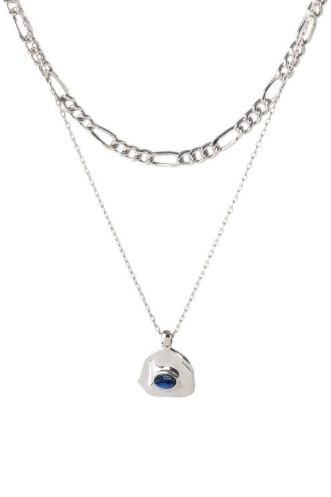 Aria Gemstone Pendant Necklace and Figaro Chain Layering Set