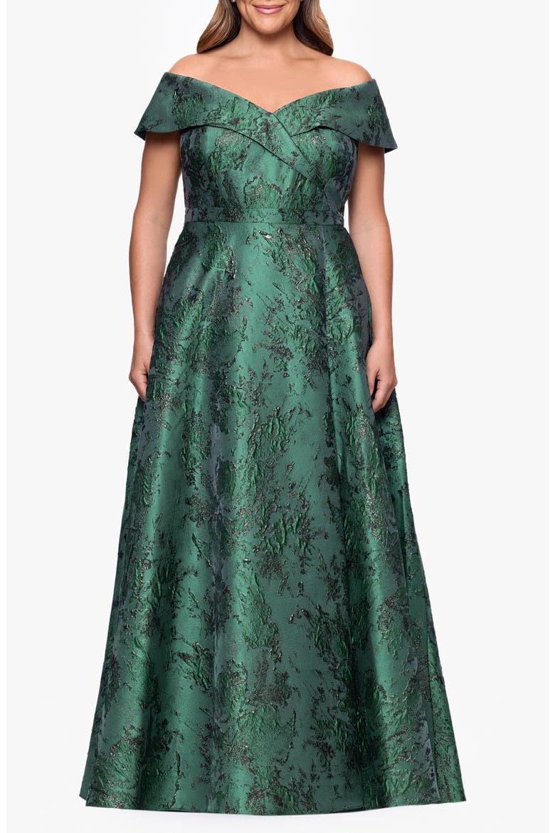 Metallic Brocade Off the Shoulder Gown, Main, color, DARK GREEN