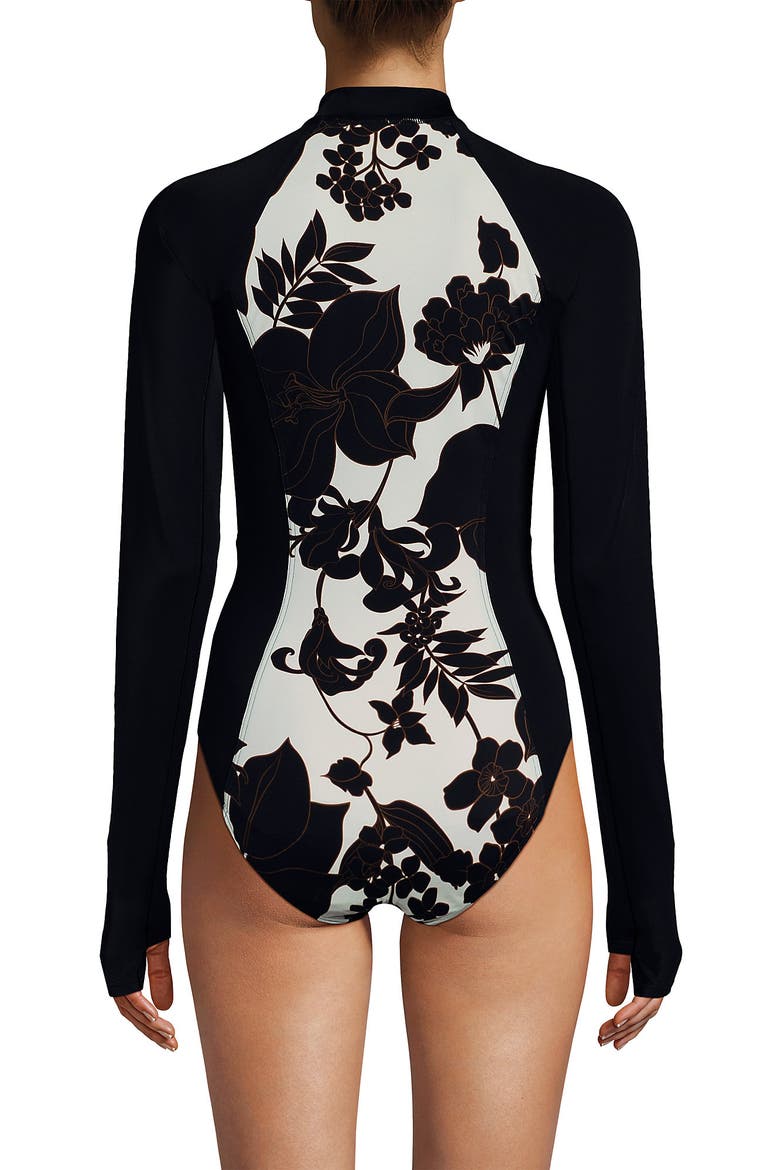 Tugless Long Sleeve Rash Guard One Piece Swimsuit, Alternate, color, Egret/Black Lilies