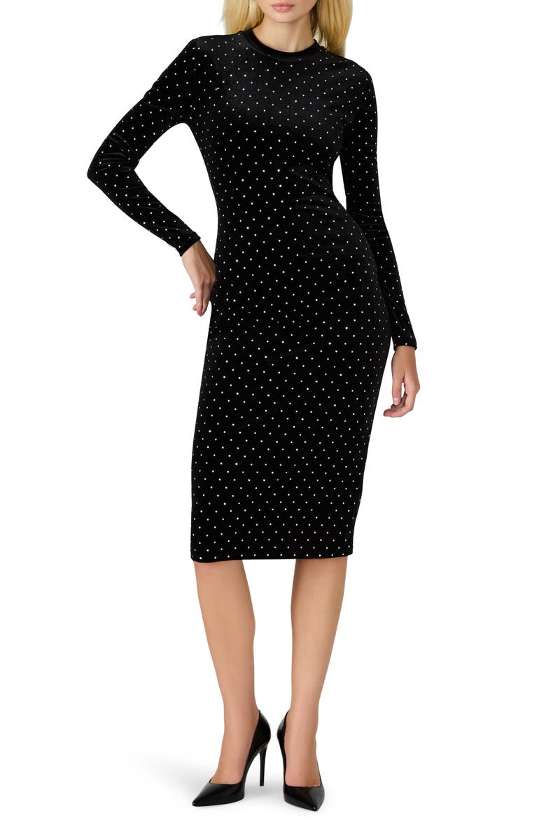 Hailee Diamante Long Sleeve Velvet Dress, Main, color, BLACK