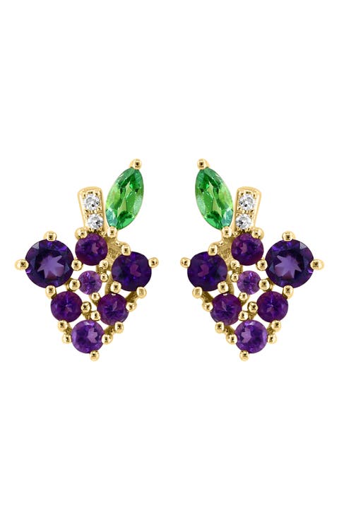 14K Gold Diamond & Amethyst Grape Stud Earrings