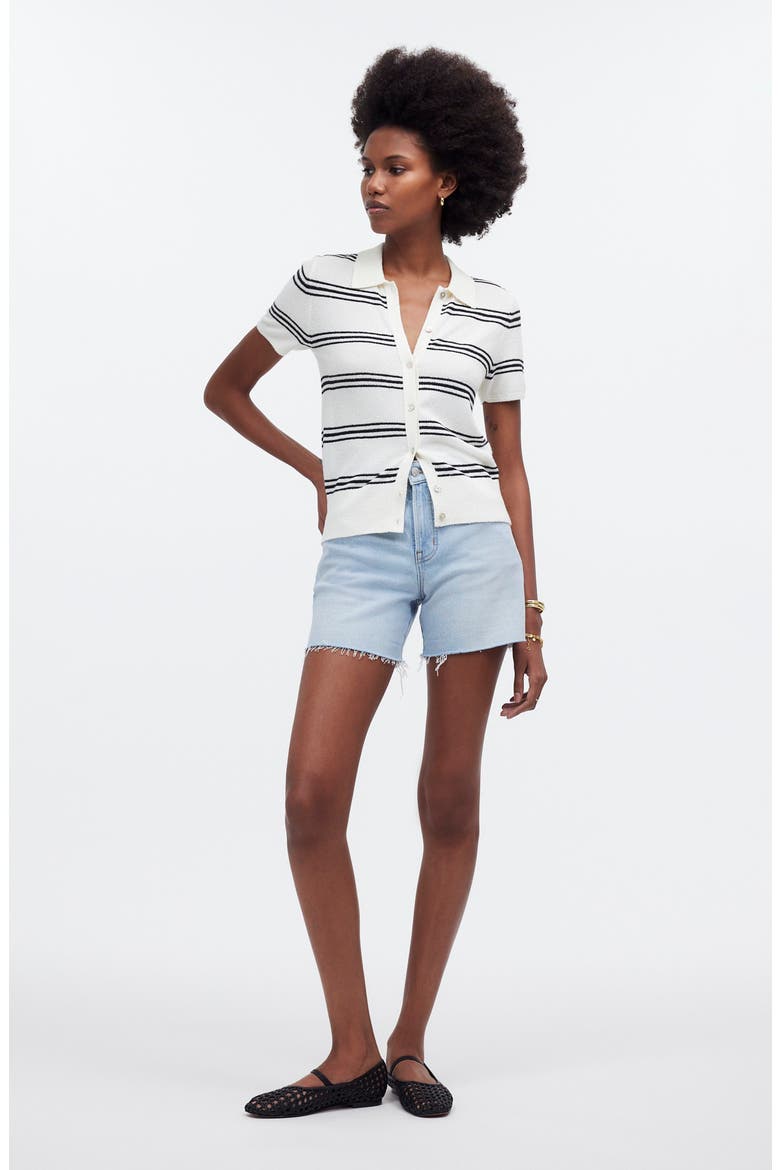 Stripe Knit Short Sleeve Button-Up Shirt, Alternate, color, BRIGHT IVORY