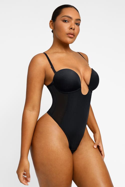 Shapellx Airslim Deep Plunge Low-back Thong Bodysuit In Black