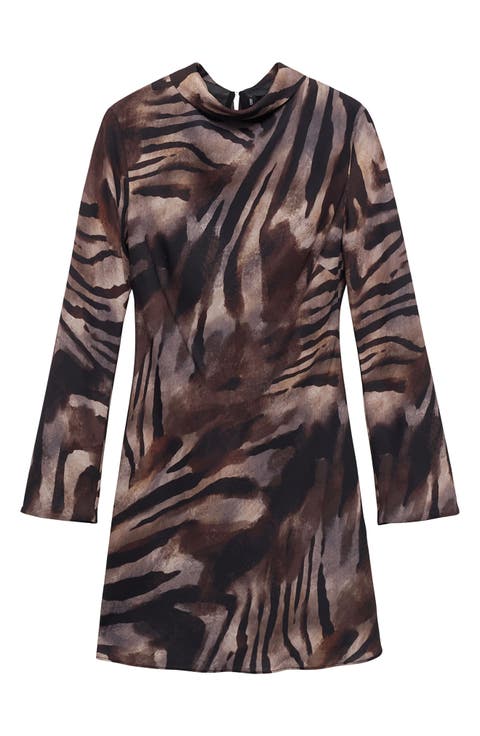 Animal Print Long Sleeve Satin Minidress (Regular & Plus)