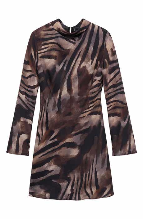 MANGO Animal Print Long Sleeve Satin Minidress