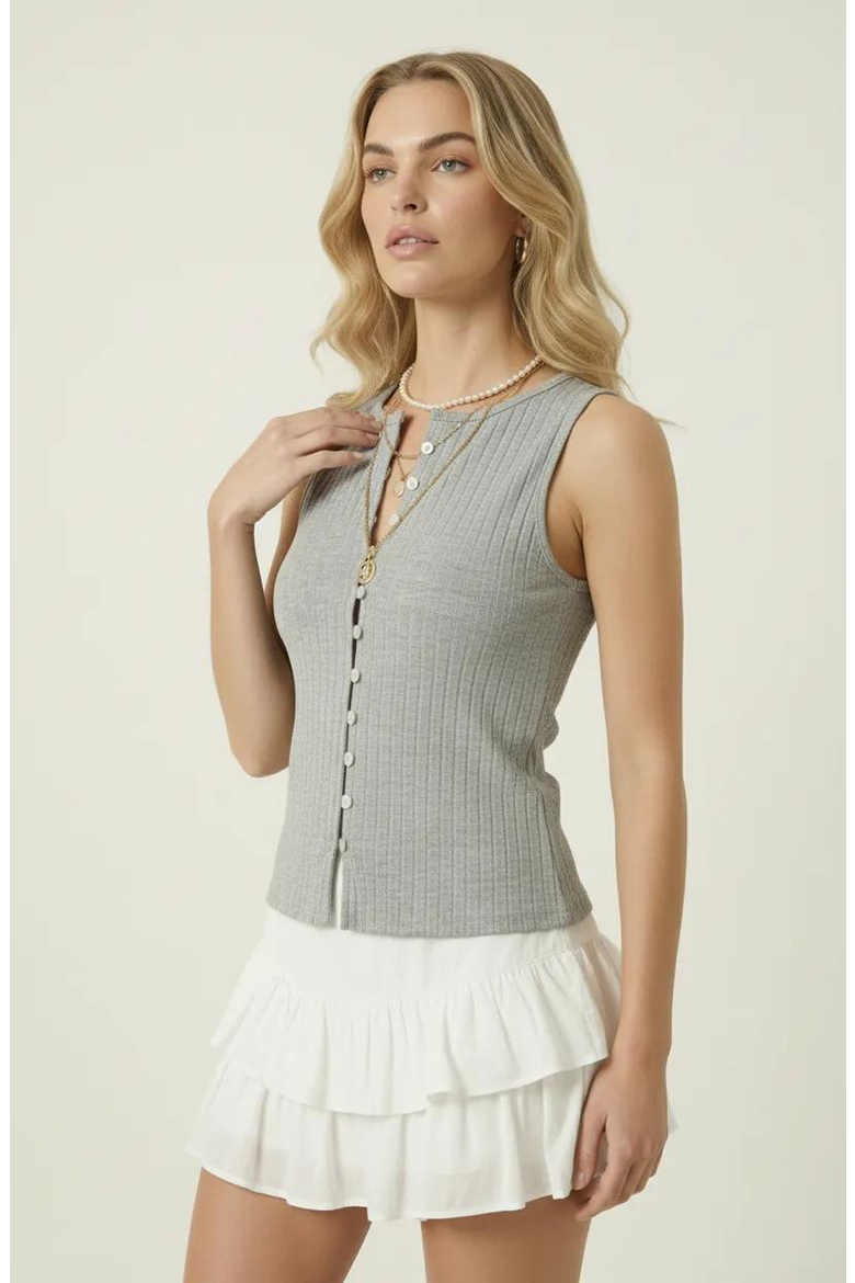 Sleeveless Ribbed Knit Top with Off-Center Button Front Detail, Alternate, color, Gray