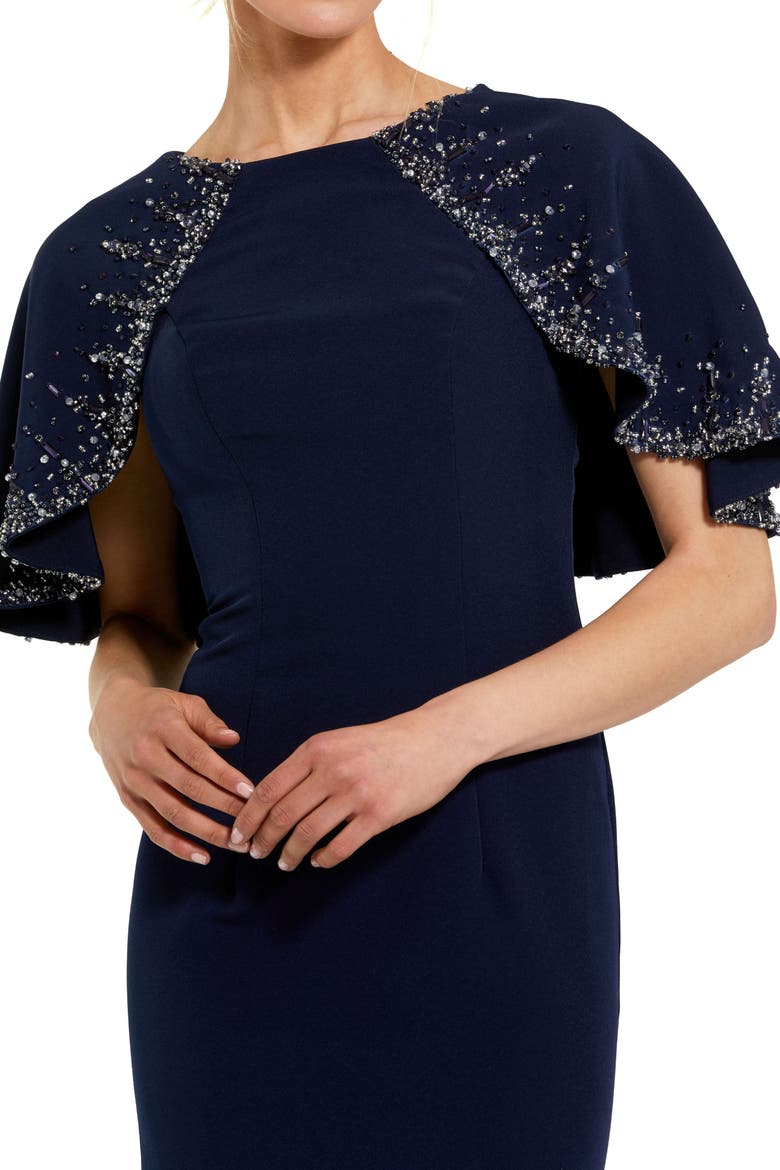 Crepe High Neck Fitted Gown With Beaded Shawl, Alternate, color, Midnight