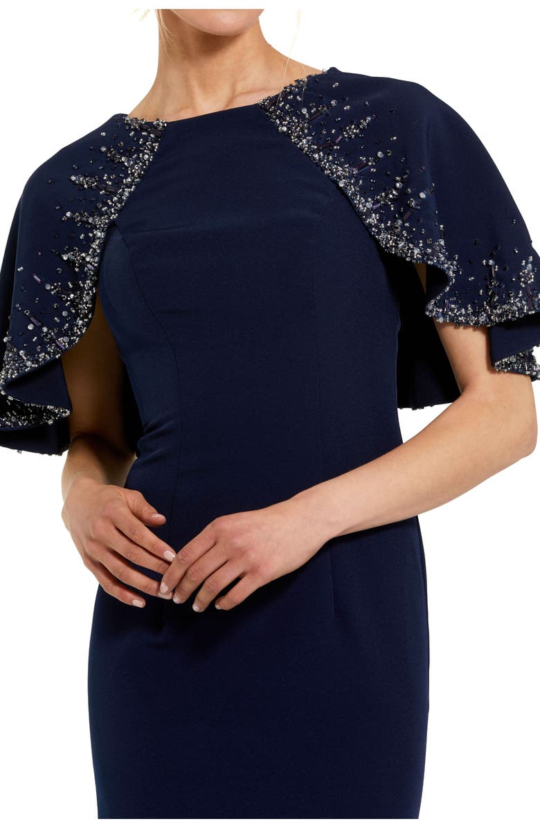 Mac Duggal Crepe High Neck Fitted Gown With Beaded Shawl, Alternate, color, Midnight