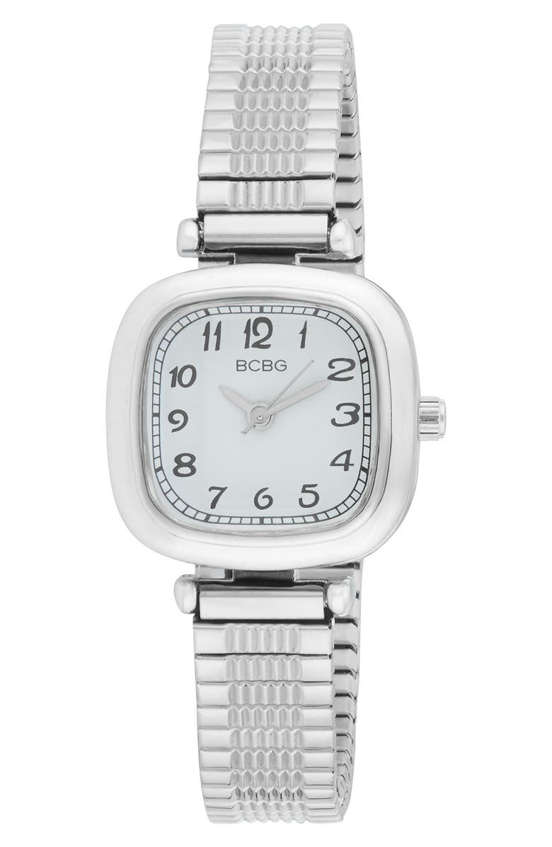 BCBG Mini Stretch Quartz Bracelet Watch, 27mm, Main, color, Silver