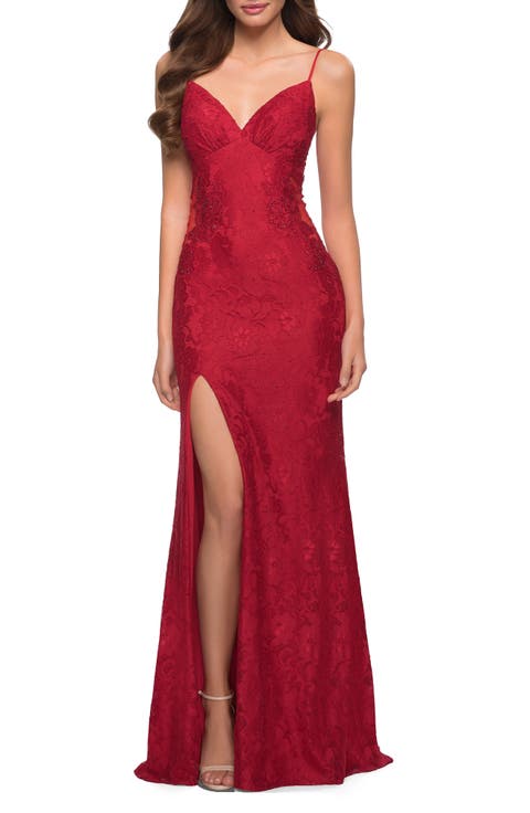 Sleek Lace Long Dress with Sheer Sides and Open Back