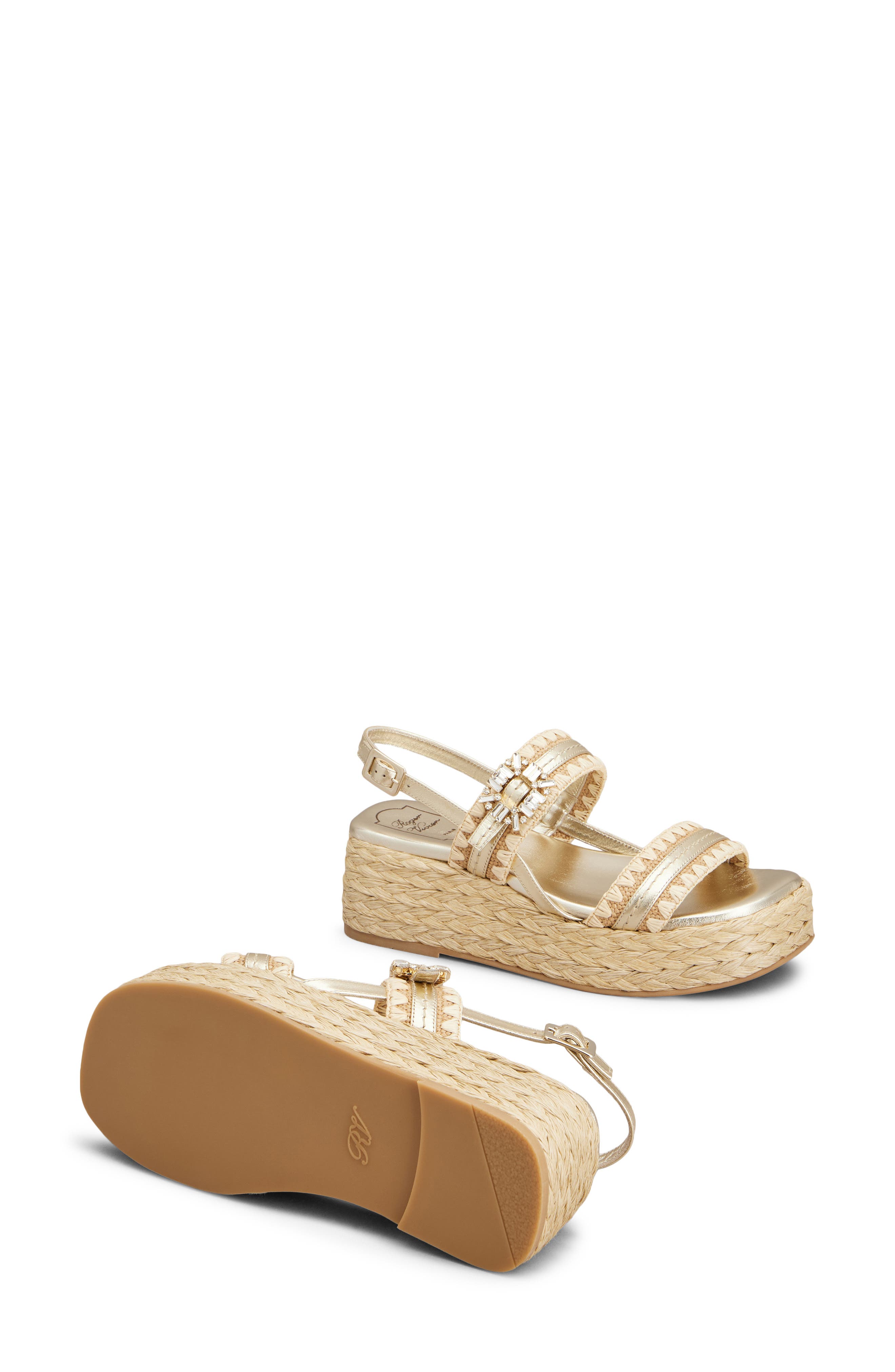 Roger Vivier Summer Crystal Embellished Platform Espadrille Sandal, Alternate, color, Crema Chiaro/ Oro