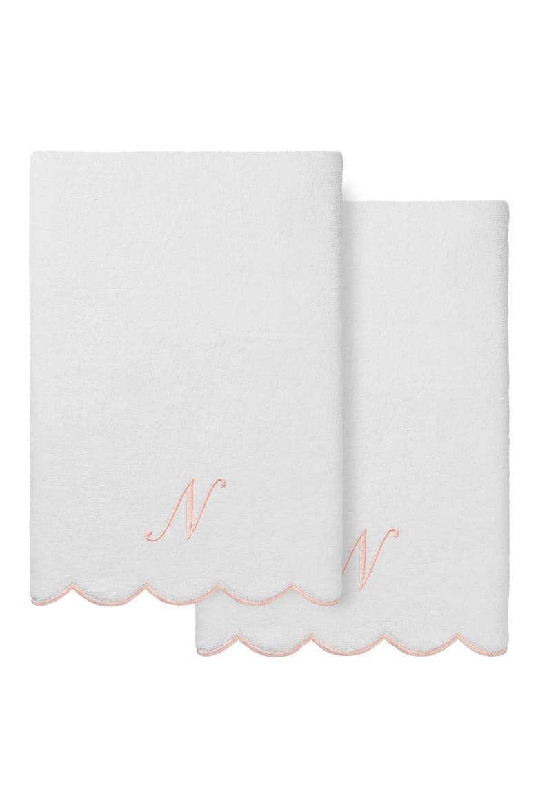 Adornia Scallop Set of 2 Initial Bath Towels, Main, color, WHITE/ PINK N